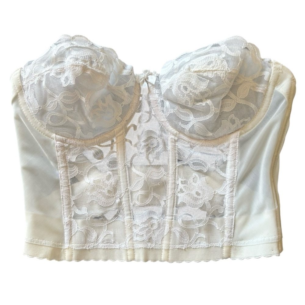 VTG Montgomery Ward White Strapless Longline Bra Sz 34C Lace Trim Boning Pin Up